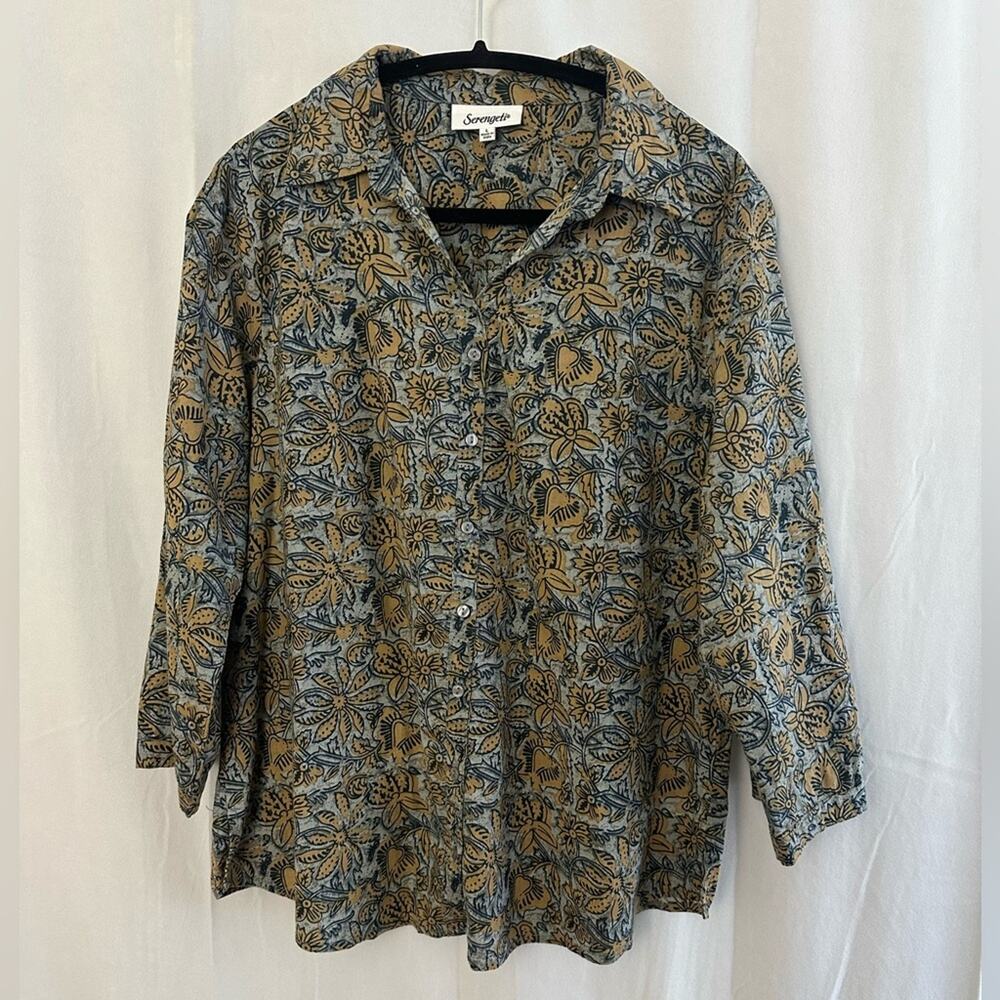 Serengeti Gray & Orange Floral Button Down Long Sleeve Shirt Womens Size Large